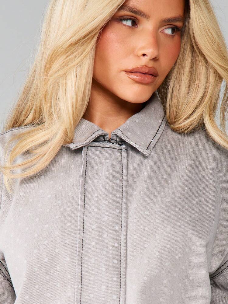 MISSGUIDED Polka Dot Denim Bomber Jacket With Zipper Closure Oversized Casual Fall Winter Outerwear