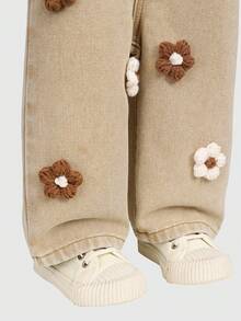 SHEIN 女婴水洗牛仔背带裤，碎花宽松连体裤 - 卡其色 - 查看 6