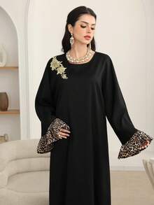 Al Najma High-End Minimalist Black Turkish Maxi Dress With Leopard Print Patchwork Design, Loose And Slimming Kaftan Jalabiya Dress - Black - View 1