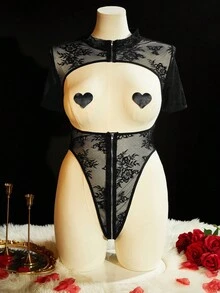 SpicyHot Bộ 2 bộ đồ lót liền thân hở lưng phối ren chắp vá có khóa kéo + miếng che núm vú, đồ lót cỡ lớn cực kỳ gợi cảm - màu đen - Xem 1