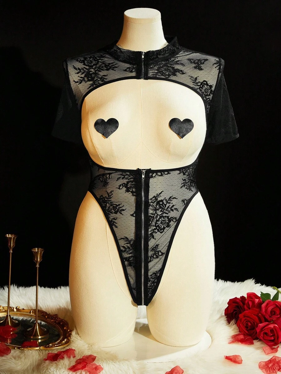 SpicyHot Bộ 2 bộ đồ lót liền thân hở lưng phối ren chắp vá có khóa kéo + miếng che núm vú, đồ lót cỡ lớn cực kỳ gợi cảm - màu đen - Xem 1