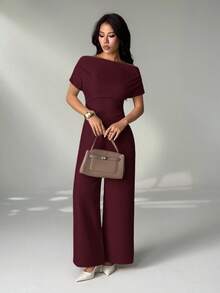 SHEIN PETITE Women's Summer New Arrival Simple Elegant Daily Casual Linen Commuter Wide Collar Off Shoulder Blouse And Wide Leg Pants Suit Wide Leg Pantsuit - Burgundy - View 8