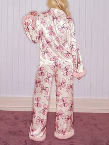 SweetSlumber Cute Bow & Feather Patchwork Satin Robe & Pants Pajama Set For Women Silk Pajamas Pajama Sets For Women Long Sleeve Women Pajamas Set Bow Pajamas - Baby Pink - View 2