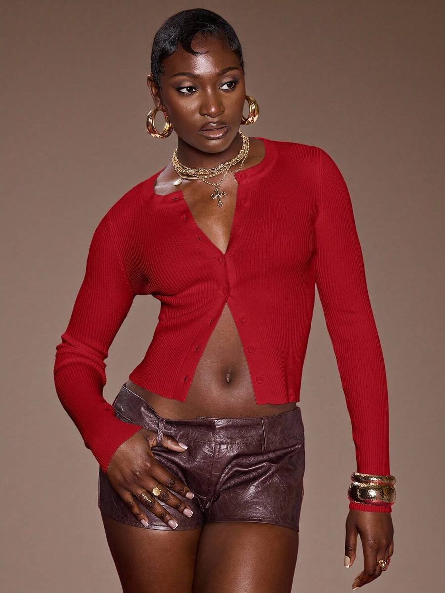 Normani 女士休闲纯色纽扣短款毛衣,秋冬季,长袖上衣 - 紅色 - 查看 1