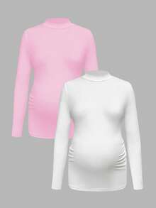 Modmama Kaos Ibu Hamil Lengan Panjang Kasual Kerah Lipit untuk Perjalanan Sehari-hari - Berwarna merah muda - View 3
