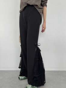 FRIFUL 女士纯色蕾丝拼接优雅喇叭裤 - 黑色 - 查看 6