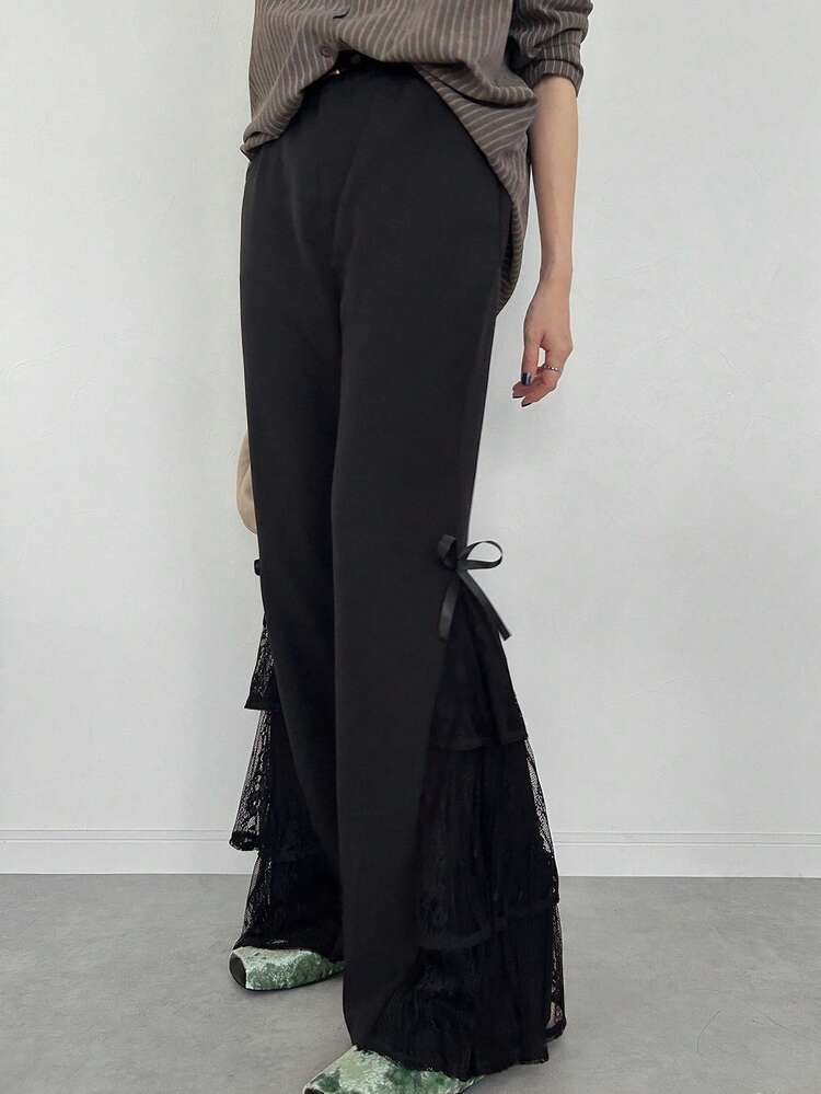 FRIFUL Quần ống loe phối ren vá màu trơn thanh lịch dành cho nữ - màu đen - Xem 6