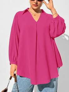 SHEIN Essnce 大码女装秋冬休闲宽松舒适V领粉色长袖衬衫，春季女装，女式衬衫，曲线上衣，粉色系服装，简约风格 - 玫紅色 - 查看 7