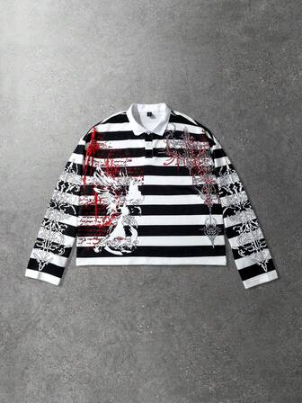 Street Life Herren Retro Jungfrau Maria gestreifter englischer Grafik-Muster Street American Style Polo Sweatshirt