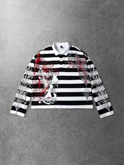 Street Life Sudadera tipo polo con estampado gráfico de la Virgen María, rayas y estilo americano callejero retro para hombres