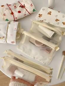 Joivida 1pc Cute Fabric Cosmetic Bag -Bib Bear Bundle Makeup Bag - Perfect For Travel & Daily Use, Hand Washable, Layered Makeup & Toiletry Organizer, Cute Cosmetic Bag, Holiday Gift Item, Playful Design - Beige - View 5