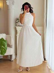 Rafferiza ชุดเดรสแฟชั่นหรูหราสีพื้น คอตั้ง แขนกุด เอวระบาย