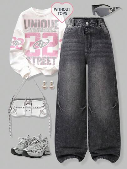 Young Girls' Casual Basic Comfortable Elegant Fresh Wide Leg Loose Fit Pure Black Jeans, Versatile & Fashionable, Suitable For Sweet, Sporty, Outdoor, Street Style, Travel, Performance, And Party Occasions