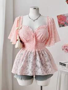 Sweetra 大码女式荷叶边甜心领露腰优雅衬衫，粉色 - 粉色 - 查看 1