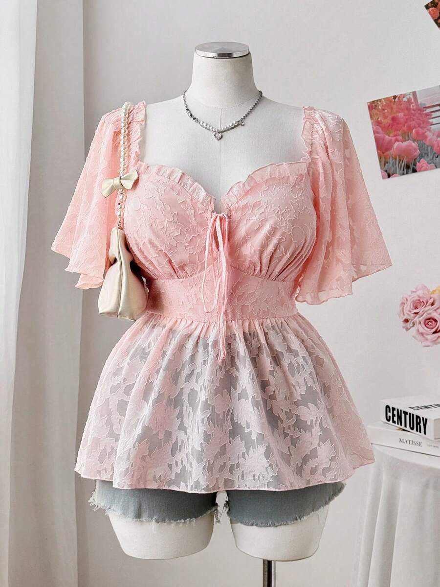 Sweetra 大码女式荷叶边甜心领露腰优雅衬衫，粉色 - 粉色 - 查看 1