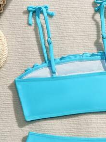 SHEIN Tween Girl Simple Blue Daily Swimwear Set Bathing Suits For Tweens Bathing Suits For Girls Bikini Sets For Bathing Suits For Teens Summer Beach Wear For Girls Bikini For Tween Girls Tween Girl Beach Outfits Bikinis For Tweens Ruffle Strap Bikini Sets For Girls For Girls Bathing Suits For Girls Teens - Blue - View 4