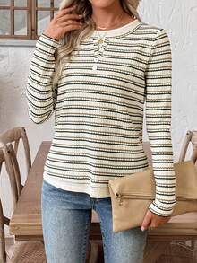 EMERY ROSE 女士条纹长袖休闲宽松T恤 条纹衬衫 条纹上衣 女士休闲上衣 秋季上衣 - 彩色 - 查看 3