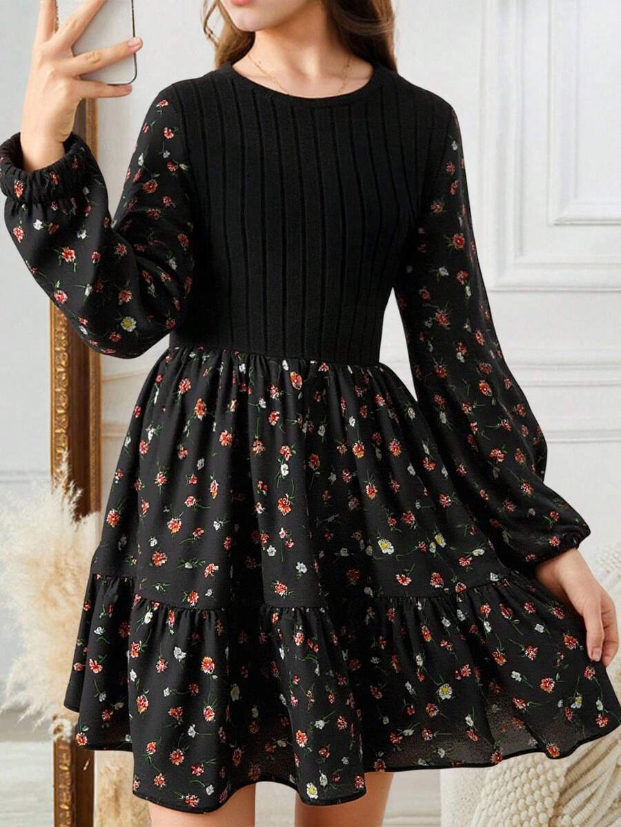 SHEIN Váy suông dài tay cổ tròn họa tiết hoa cổ điển, cạp loe, viền ren cho bé gái tuổi teen - màu đen - Xem 1