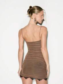 KIZN Ruched Mesh Mini Dress With Lace Trim Detail Sweetheart Neckline Bodycon Party Club Evening Wear Spaghetti Strap - Brown - View 2