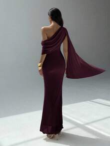 Aloruh Women's Elegant Chic Minimalist Solid Color Asymmetrical Neck Fitted Dress, Suitable For Party And Banquet One Shoulder Formal Dress - Maroon - View 2
