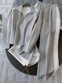 Franclia Plus Size Fitted Stand Collar Raglan Sleeve Cardigan + Slant Pocket Straight Leg Pants - Grey - View 4