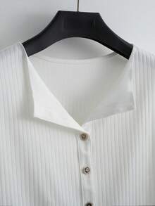 Franclia Spring/Summer New Simple Front Button Decor Hem Slit Ruffle Hem Short Sleeve T-Shirt - White - View 3