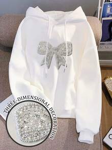 Resyla Handgefertigter Schleife Perlen Accessoires Weiß Kapuzen Damen Thermofutter Sweatshirt Perfekt für Herbst/Winter Bogen Verzierungen, Perlen Akzente Mode T-Shirt Stilvoller Sweatshirt Geschwister Geschenk Schwester Geschenk Muttertagsgeschenk Mutter Geschenk Lässige minimalistische Mode Top