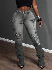 Slaydiva Quần jeans nữ cỡ lớn kiểu cao bồi, thun, rách túi, cá tính, thích hợp cho mùa xuân. - Màu xám đen - Xem 3