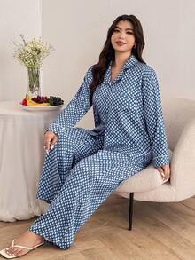 Dazy Plus 大码女式宽松格子翻领上衣和裤子睡衣套装，时尚家居服，适合春秋季穿着 - 寶藍色 - 查看 6