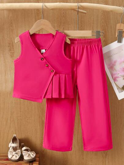 Elladie kids Conjunto de 2 piezas para niñas: Top sin mangas con cuello en V con botones y pantalones con cintura elástica, adecuado para uso diario, juego al aire libre, viajes, escuela, vacaciones de primavera/verano y verano casual