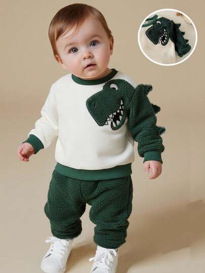 Conjunto de sudadera casual con estampado de dibujos animados y parches esponjosos para bebé niño, otoño/invierno