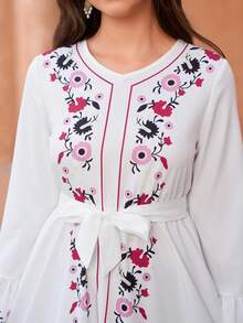Sparklyn Váy dài tay cổ tròn in hoa giản dị dành cho bé gái tuổi teen, mùa thu - trắng - Xem 9