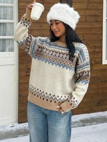 Muchica كنزة صوفية نسائية بطراز جيومتري عتيق عادي، مناسبة للخريف/الشتاء، عتيق، أكاديمي، متعدد الاستخدامات، جذاب، جميل، Y2K، فتاة جوز الهند، بوهيمي، هيبي، مهرجان الموسيقى - متعدد الألوان - مشاهدة 5