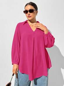 SHEIN Essnce 大码女装秋冬休闲宽松舒适V领粉色长袖衬衫，春季女装，女式衬衫，曲线上衣，粉色系服装，简约风格 - 玫紅色 - 查看 3