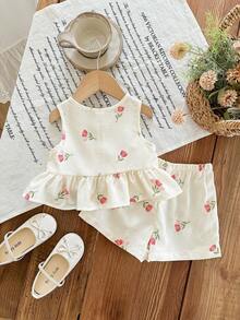 SHEIN LMoss Kids 女婴可爱夏季粉白条纹蝴蝶结无袖上衣和松紧腰短裤套装 - 粉色 - 查看 2