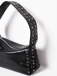 MUSERA 女士单肩包，流浪包，PU材质，黑色，时尚，个性，简约，百搭，街头风，酷炫，铆钉，日常购物 - 黑色 - 查看 3