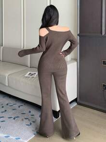 DAZY Women's Elegant Solid Color Asymmetrical Shoulder Sweater & Pants 2 Pieces Set, Autumn/Winter - Coffee Brown - View 2