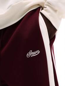 SUMWON Casual Flared Fit Sweatpants With Side Stripes And Script Embroidery Drawstring Waist Fleece Lined Winter Comfort Pants For Daily Loungewear Plain - Red Violet - View 5