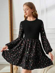 SHEIN Váy suông dài tay cổ tròn họa tiết hoa cổ điển, cạp loe, viền ren cho bé gái tuổi teen - màu đen - Xem 5