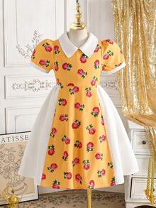 Tween-Mädchen Kleid mit süßem Blume Muster und Farbblock, Puffärmel, geeignet für Ausflüge, Lässig-Wear und Partys, Sommer - Verschiedenfarbig - Übersicht 2