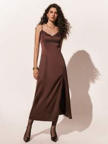 Poéselle 女士纯色吊带无袖蕾丝边性感连衣裙 - 棕色 - 查看 3