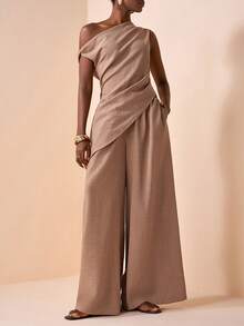 Zivah 新款春夏休闲优雅通勤卡其色亚麻上衣，单肩荷叶边不对称下摆，搭配高腰阔腿裤，女士两件套，适合日常穿着、约会、情人节、派对、婚礼宾客、机场穿搭、早午餐、旅行、度假、波西米亚风、节日和通勤等场合。 - 卡其色 - 查看 5