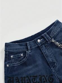 ROMWE Grunge Punk Quần short denim thời trang đa năng có túi cài nút thêu chữ thập cho nữ cỡ lớn - Rửa tối - Xem 4