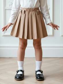 SHEIN Young Girl Vintage Plaid Fabric Pleated Skirt With Belt Plaid Skirt School Girl Skirt Girls School Uniform Skirt Brown Plaid Skirt,Fall&Winter,Halloween,Girl Fall Clothes,Girl Fall Tops,Mon And Daughter Matching ,New Fall Fashion,Sister And Me - Khaki - View 4