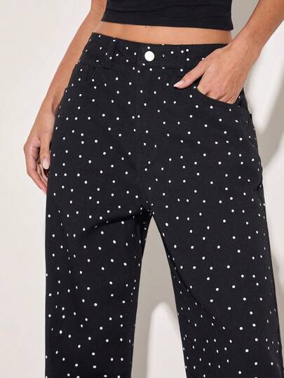 COSMINA Jeans de cintura alta con bolsillos, de corte y ajuste holgado, de tela vaquera negra con estampado de lunares blancos, pantalones vaqueros elegantes, versátiles, aptos para el uso diario, el uso casual y todas las estaciones