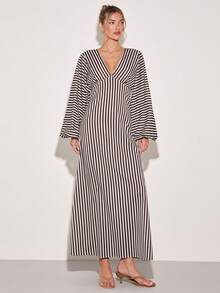 COSMINA Đầm dài tay cổ chữ V sâu thanh lịch dành cho nữ, thiết kế kẻ sọc đa năng, phù hợp mọi mùa, đầm kẻ sọc dọc, đầm midi có tay, đầm tay phồng, đầm midi thường ngày, đầm midi kẻ sọc. - Đỏ và trắng - Xem 4