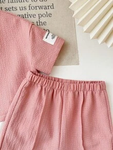 SHEIN LMoss Kids Bộ 2 áo thun dài tay phối màu dễ thương cho bé gái và quần cạp chun - Hồng - Xem 3