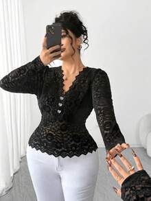 Elenzga Plus Size Lace Trim Heart Button Fitted Blouse Black Lace Shirt Black See Through Top Lace Long Sleeve Top Lace Shirts Lace Top Long Sleeve Lace Tops For Women - Black - View 6