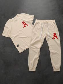 GENIUS ODE Men's Round Neck Letter Print Short Sleeve T-Shirt And Drawstring Waist Pocket Casual Pants Set, Suitable For Commuting And Outdoor Activities