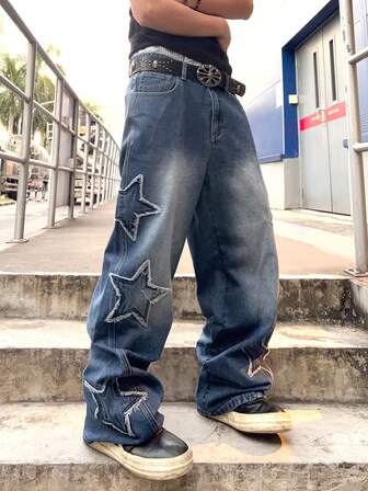 Street Life Herren Loose Fit Jeans mit Sternstickerei